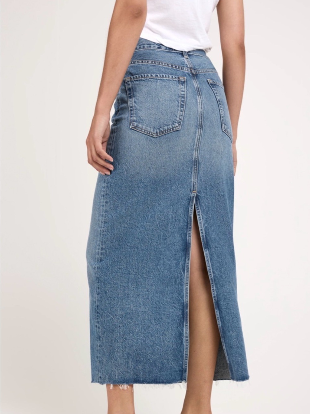 Steve Madden Blue Denim Midi Skirt with Back Slit. Length 35”